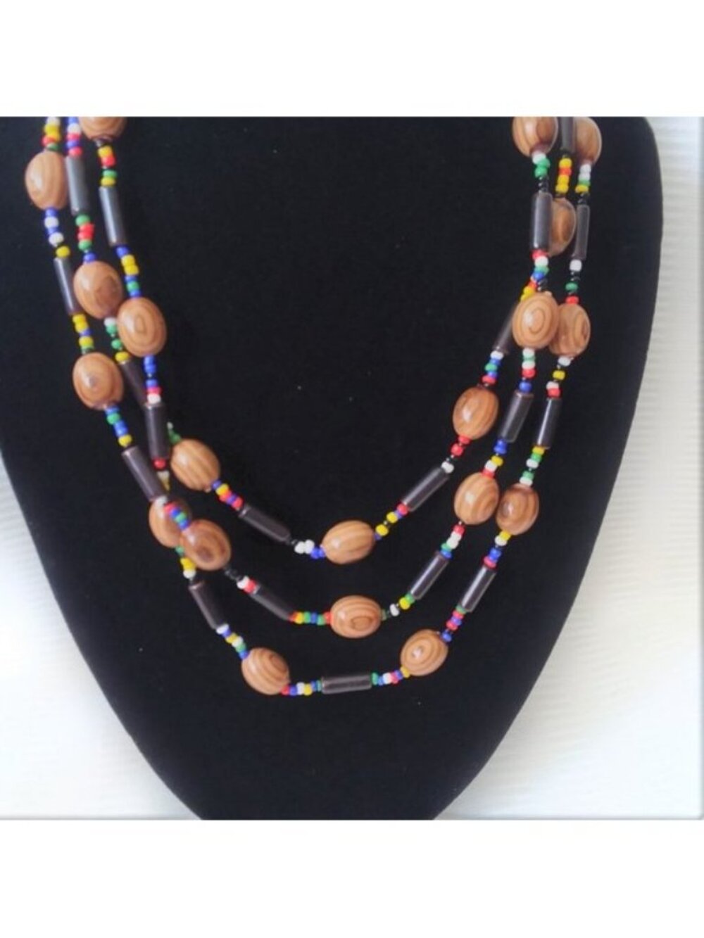 Necklace Glass Seed Beads Wood VTG Boho Stylish Colorful Festive Trendy Handmade